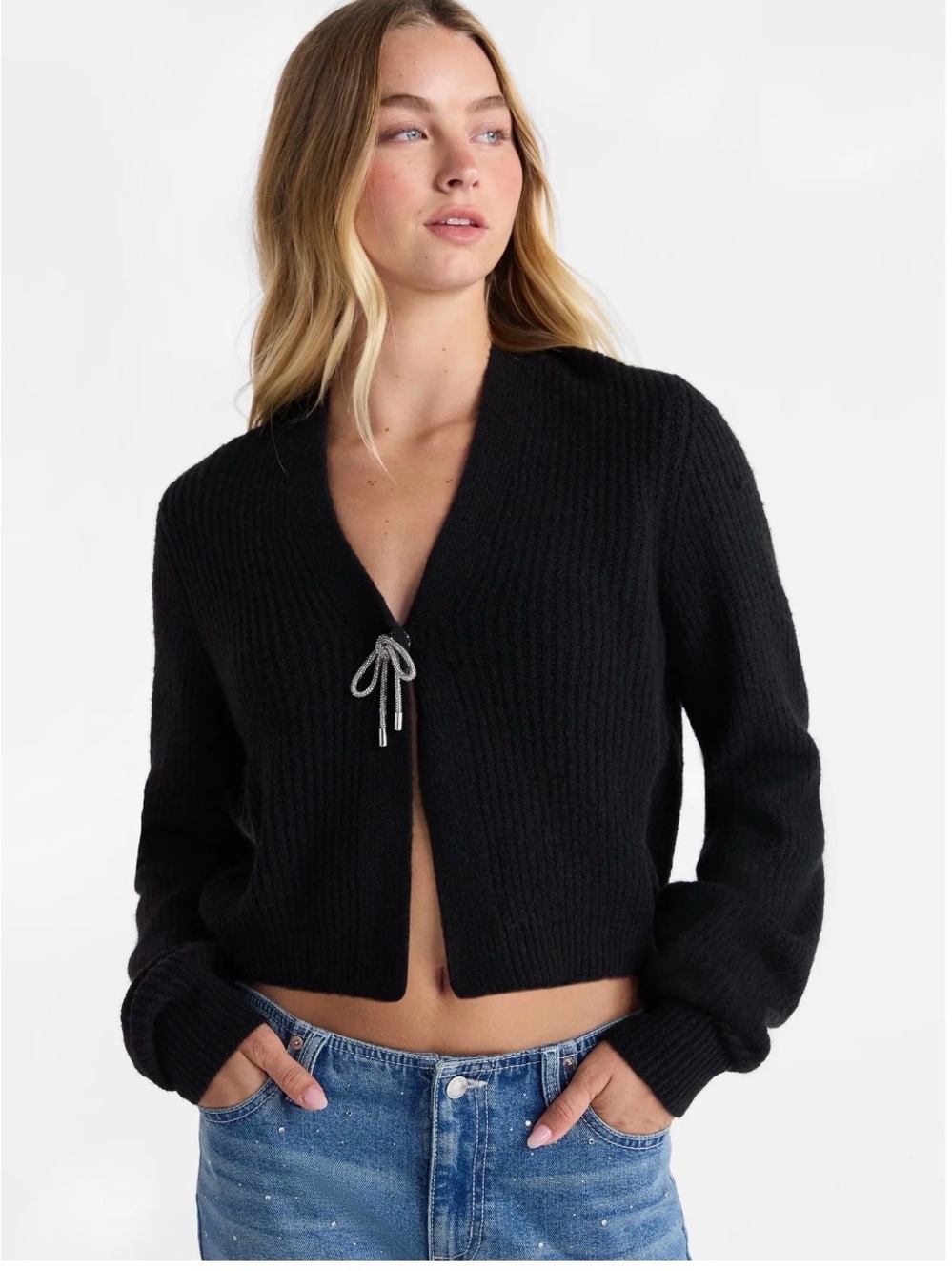 No Boundaries Black V-Neck Sparkly Bow Cardigan